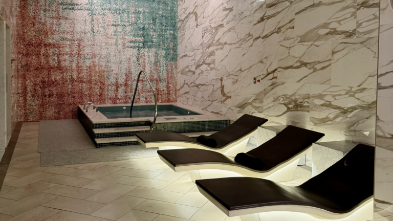 a spa room with hot tub and lounge chairs on a blog post about alpha gal skincare