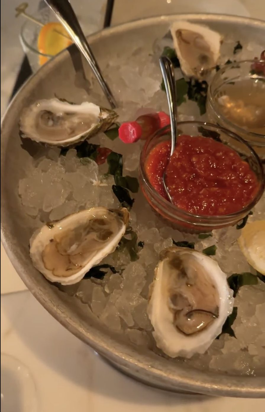 Oysters on the half shell with cocktail sauce and mignonette at Le Ame, naturally gluten free and alpha gal safe