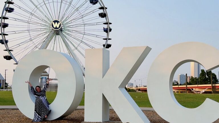 The giant OKC letters in front of the Wheeler Ferris Wheel in Oklahoma City.