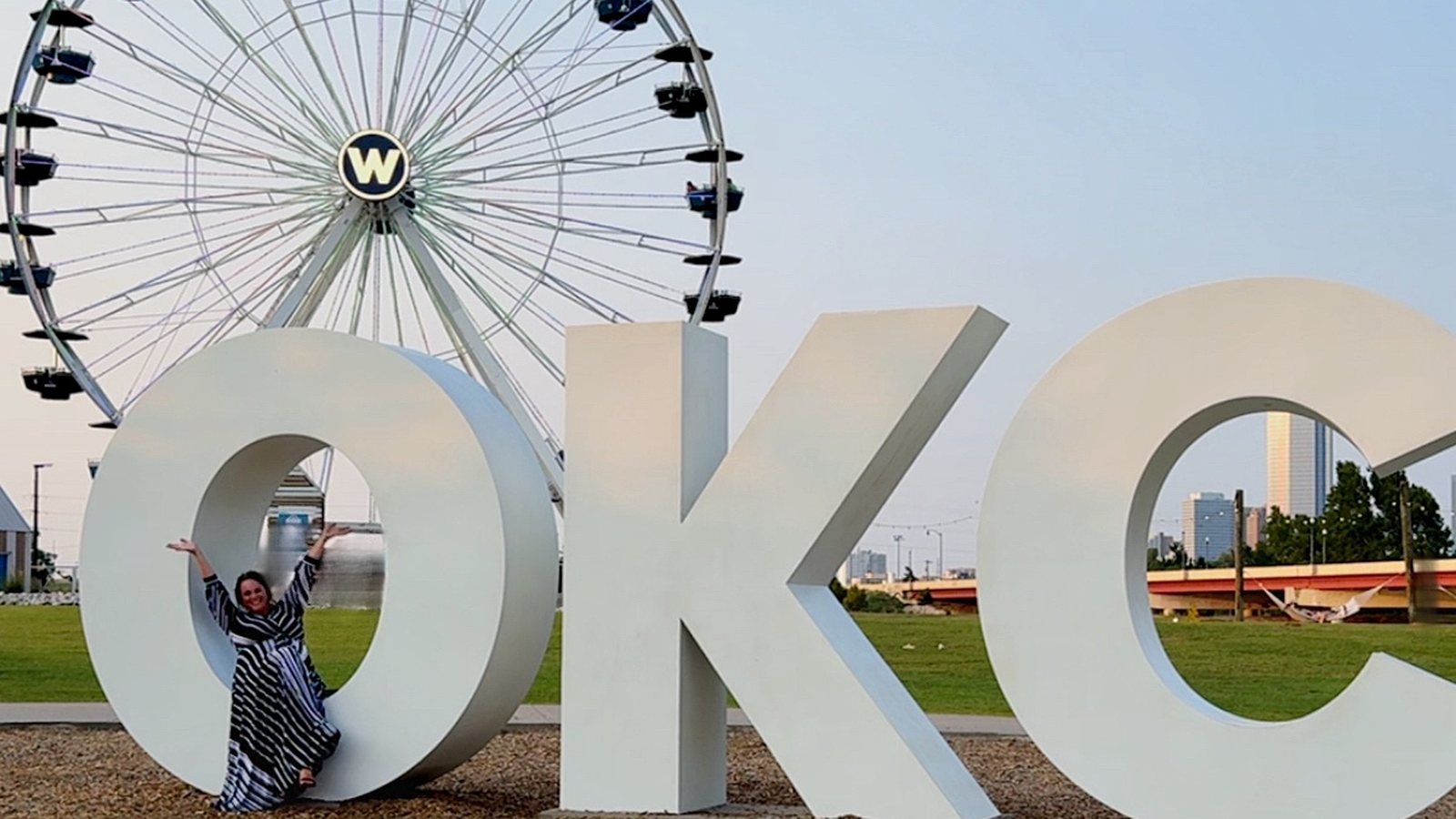 The giant OKC letters in front of the Wheeler Ferris Wheel in Oklahoma City.